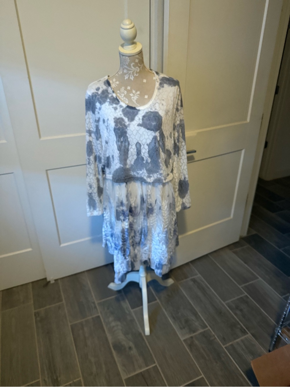 The Pyramid Collection White and Blue Floral Tunic Dress with lace on the bottom